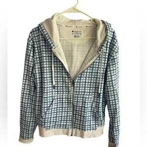 Champion white and blue patterned full-zip hoodie sweatshirt • Used • Size: M